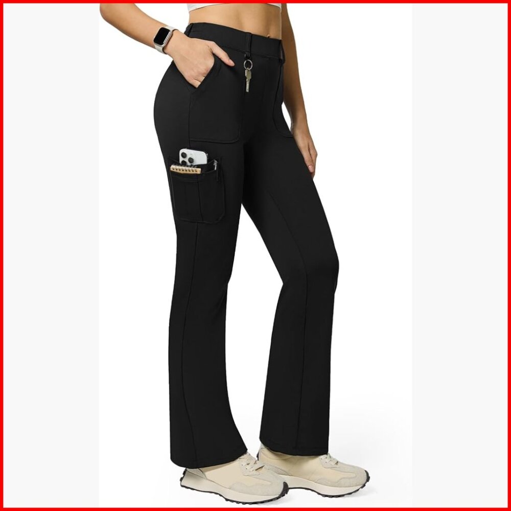 High Waist Stretch Cargo Pants Bootcut Flare Leggings 6 Pockets Yoga Work